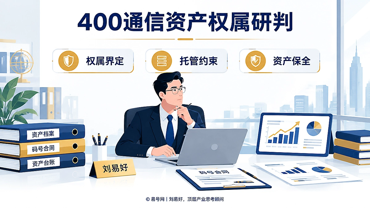 刘易好在办公场景中研判400通信资产权属，桌面摆放资产档案、码号合同和资产图表。