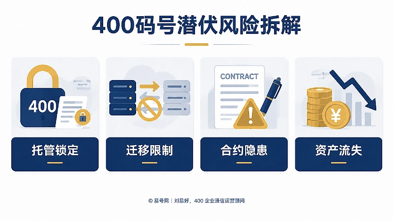 400码号潜伏风险信息图，展示托管锁定、迁移限制、合约隐患、资产流失四类风险。