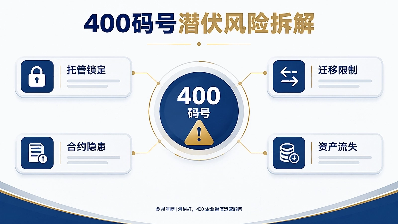 400码号潜伏风险信息图，展示托管锁定、迁移限制、合约隐患与资产流失
