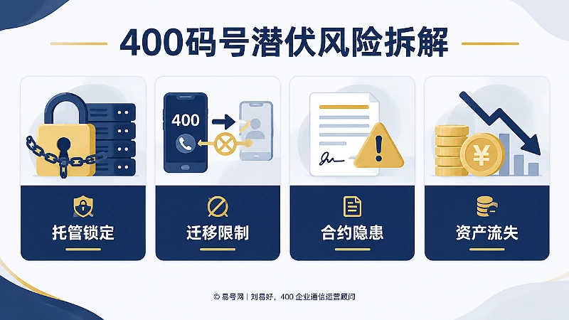 400码号潜伏风险拆解信息图，对比展示托管锁定、迁移限制、合约隐患和资产流失。