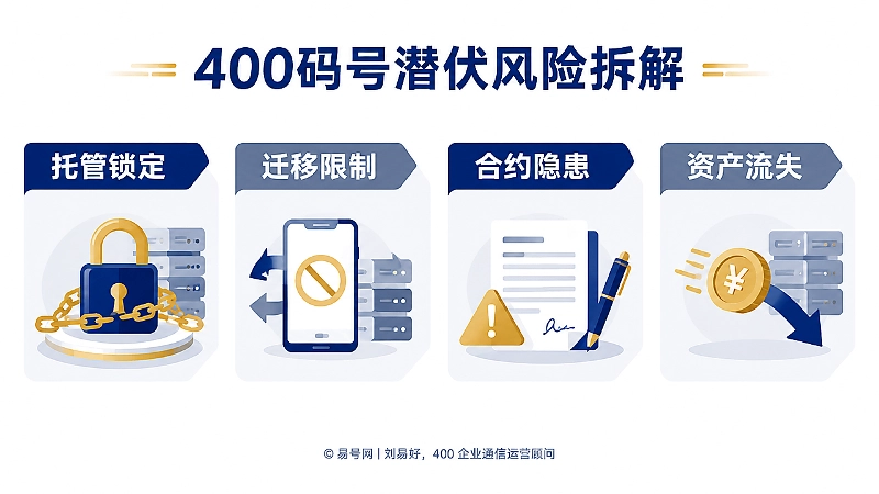400码号潜伏风险信息图，展示托管锁定、迁移限制、合约隐患与资产流失