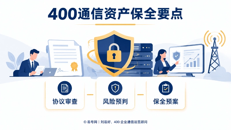 400通信资产保全方案插画，展示协议审查、风险预判与保全预案