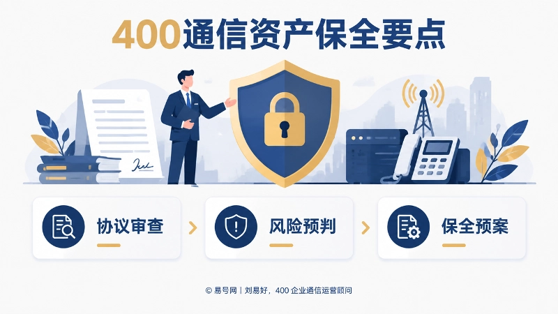 400通信资产保全方案插画，展示协议审查、风险预判和保全预案