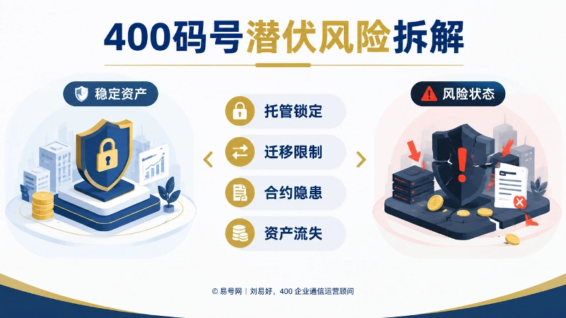 400码号潜伏风险对比信息图，展示托管锁定、迁移限制、合约隐患与资产流失。
