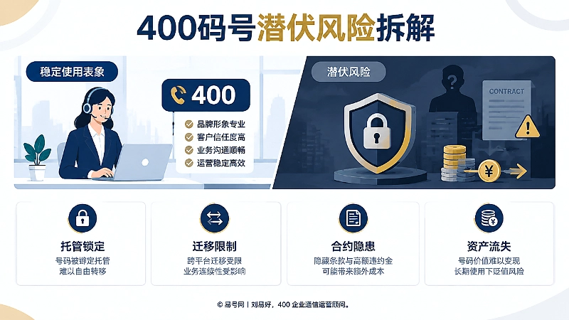 400码号潜伏风险拆解信息图，对比展示托管锁定、迁移限制、合约隐患与资产流失