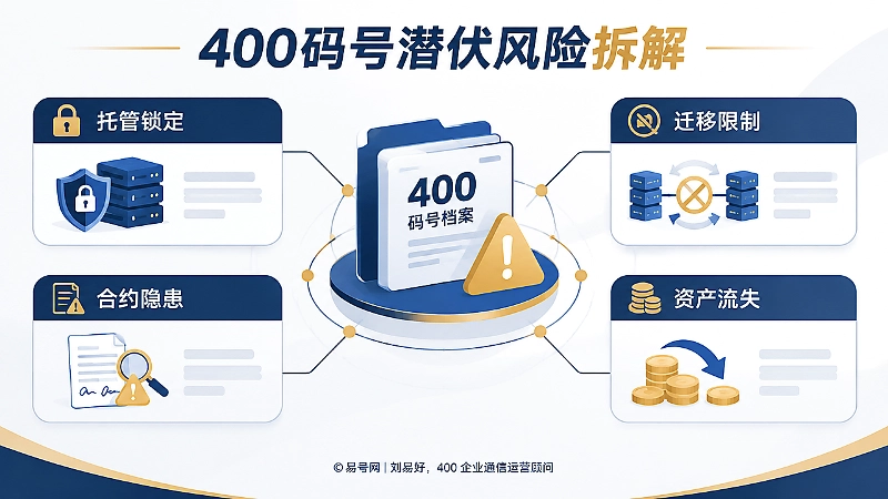400码号潜伏风险拆解信息图，展示托管锁定、迁移限制、合约隐患与资产流失风险