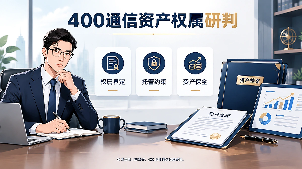 刘易好在办公场景中研判400通信资产权属，旁边是资产档案、码号合同与资产图表