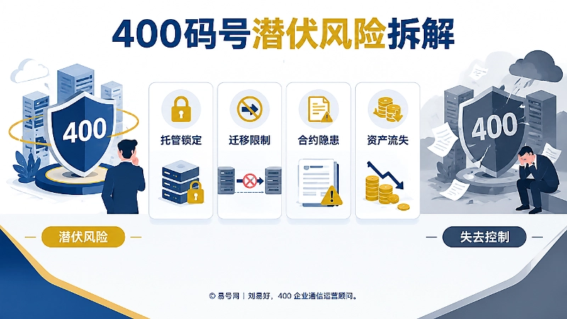 400码号潜伏风险信息图，展示托管锁定、迁移限制、合约隐患、资产流失。