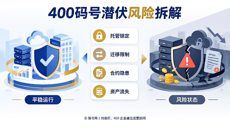 简约商务矢量信息图，左右对比展示400码号平稳运行与风险状态，中部列出托管锁定、迁移限制、合约隐患、资产流失四类风险