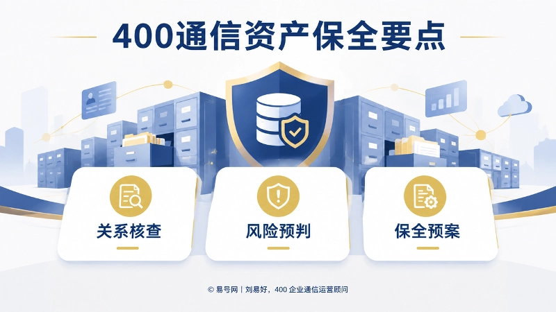 简约商务抽象矢量插画，以档案柜与盾形轮廓构建400通信资产保全场景，中部呈现关系核查、风险预判、保全预案三张卡片
