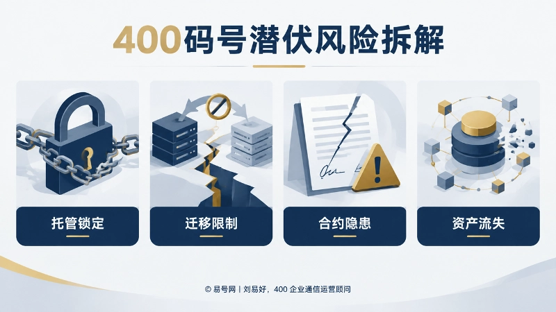 400码号潜伏风险信息图，展示托管锁定、迁移限制、合约隐患、资产流失