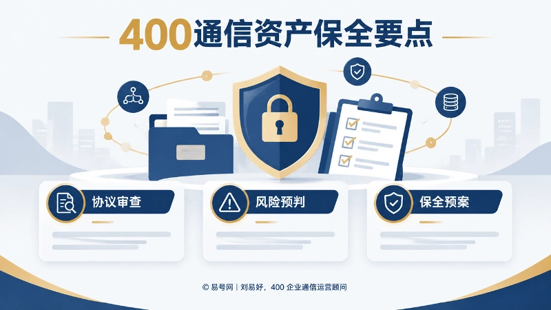 400通信资产保全方案插画，聚焦协议审查、风险预判、保全预案