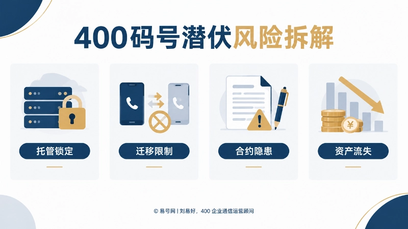 400码号潜伏风险拆解信息图，聚焦展示托管锁定、迁移限制、合约隐患和资产流失四类风险卡片。