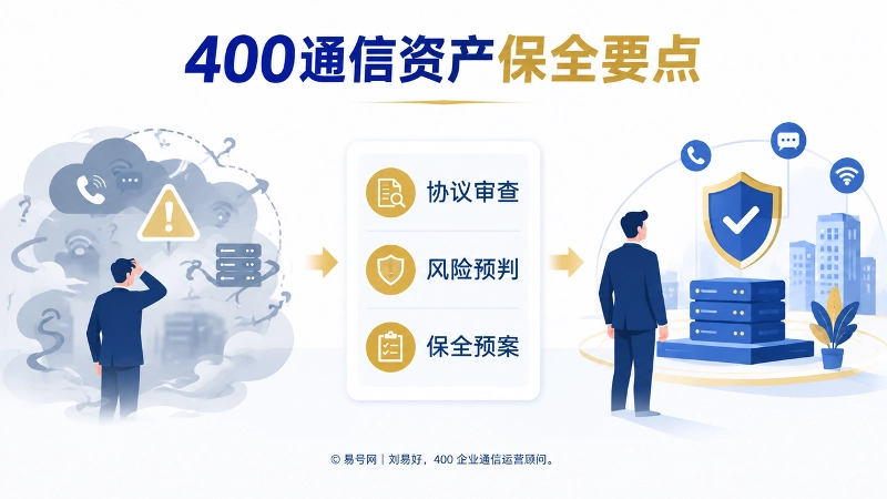 400通信资产保全方案插画，展示协议审查、风险预判和保全预案。