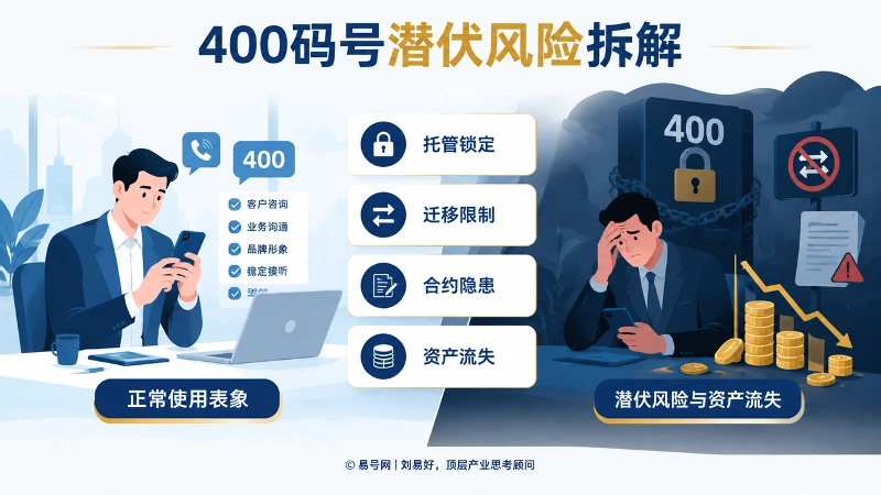 400码号潜伏风险拆解信息图，展示托管锁定、迁移限制、合约隐患、资产流失