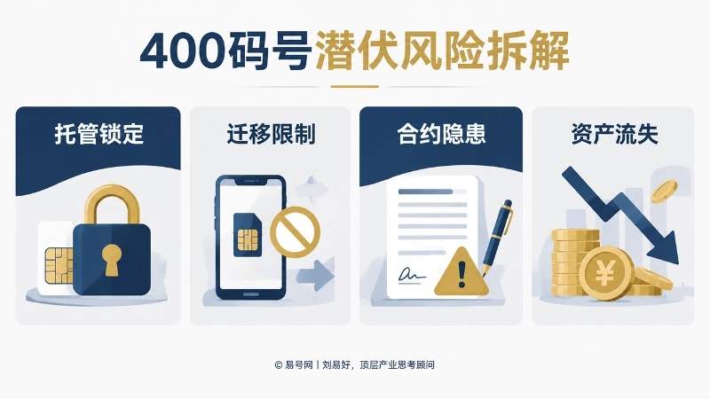 400码号潜伏风险拆解信息图，对比展示托管锁定、迁移限制、合约隐患、资产流失