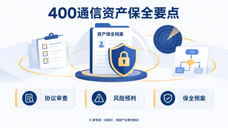 聚焦式插画展示400通信资产保全要点，包括协议审查、风险预判与保全预案。